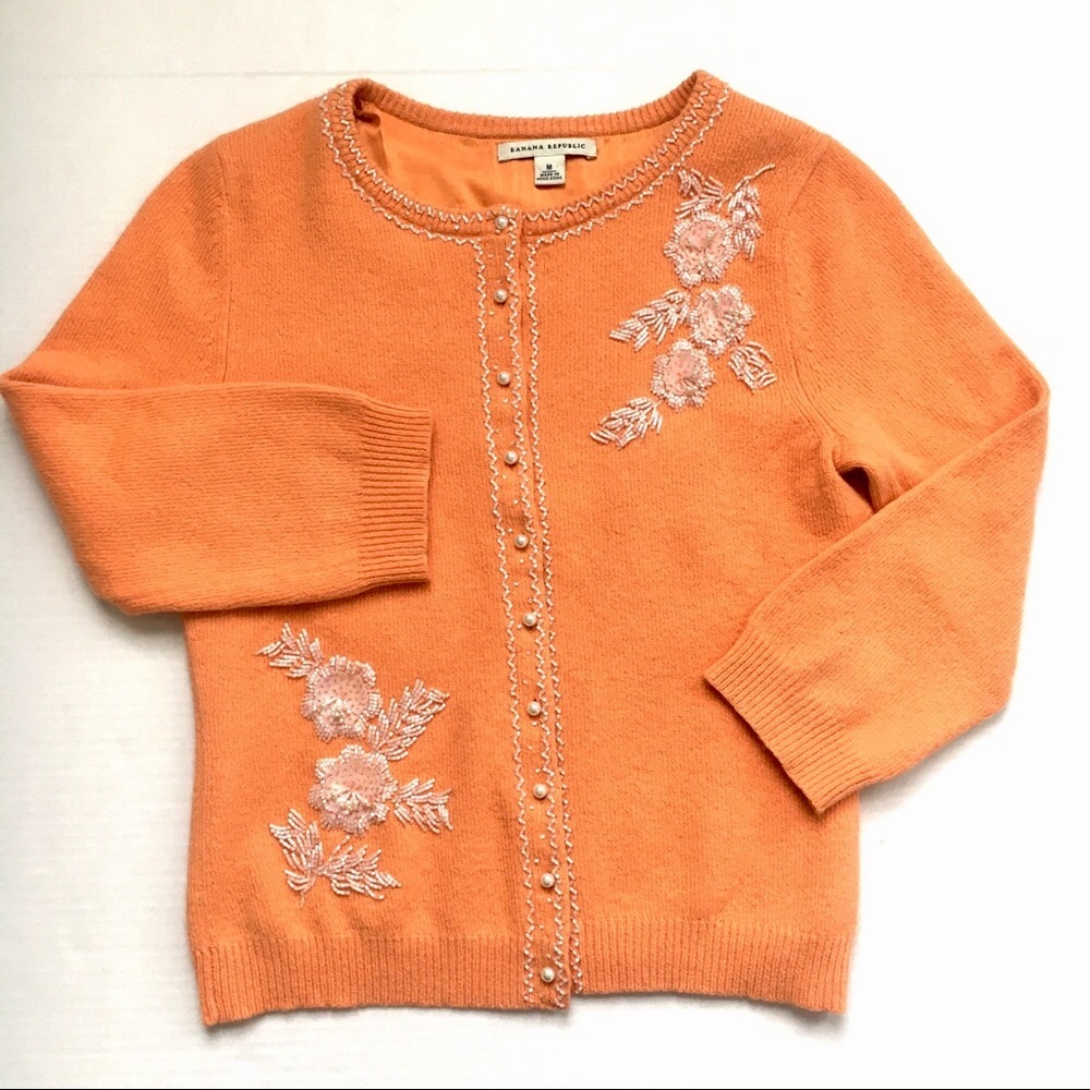 Angora/Silk Beaded Floral Orange ‘50s Style Cardigan Sweater M